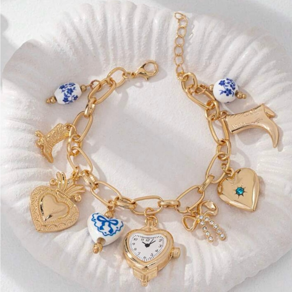 New - Ceramic Blue Charm Bracelet / Jewelry / Heart / Clock / Boot